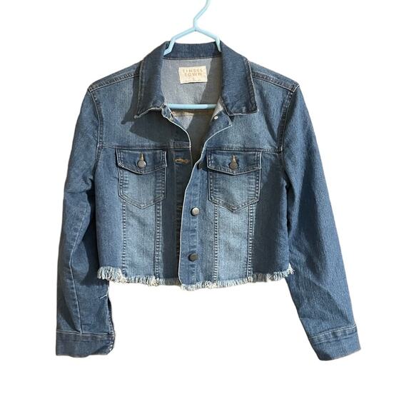 TinselTown Women’s Small Denim Jean Crop Jacket Button Distressed Blue - Picture 1 of 3
